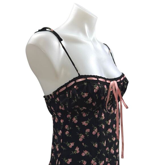 Urban Outfitters Kiss The Sky Black Floral Slit Bustier Cami Midi Slip Dress XS - Picture 4 of 6